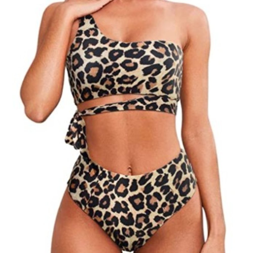 Women One Shoulder High Waisted Bikini Tie High Cut Two Piece Swimsuit NEW